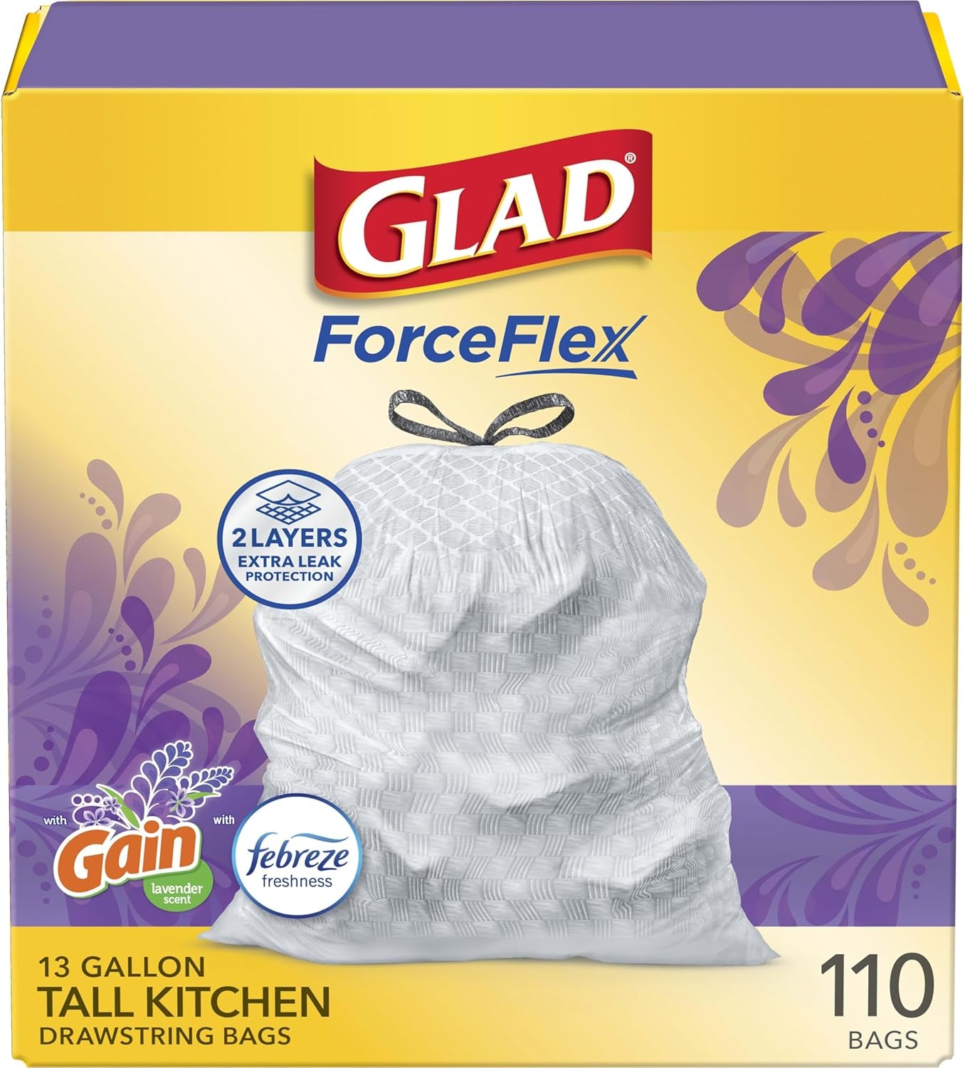 Forceflex Tall Kitchen Trash Bags, 13 Gallon, Gain Lavender, 110 Count (Package May Vary)